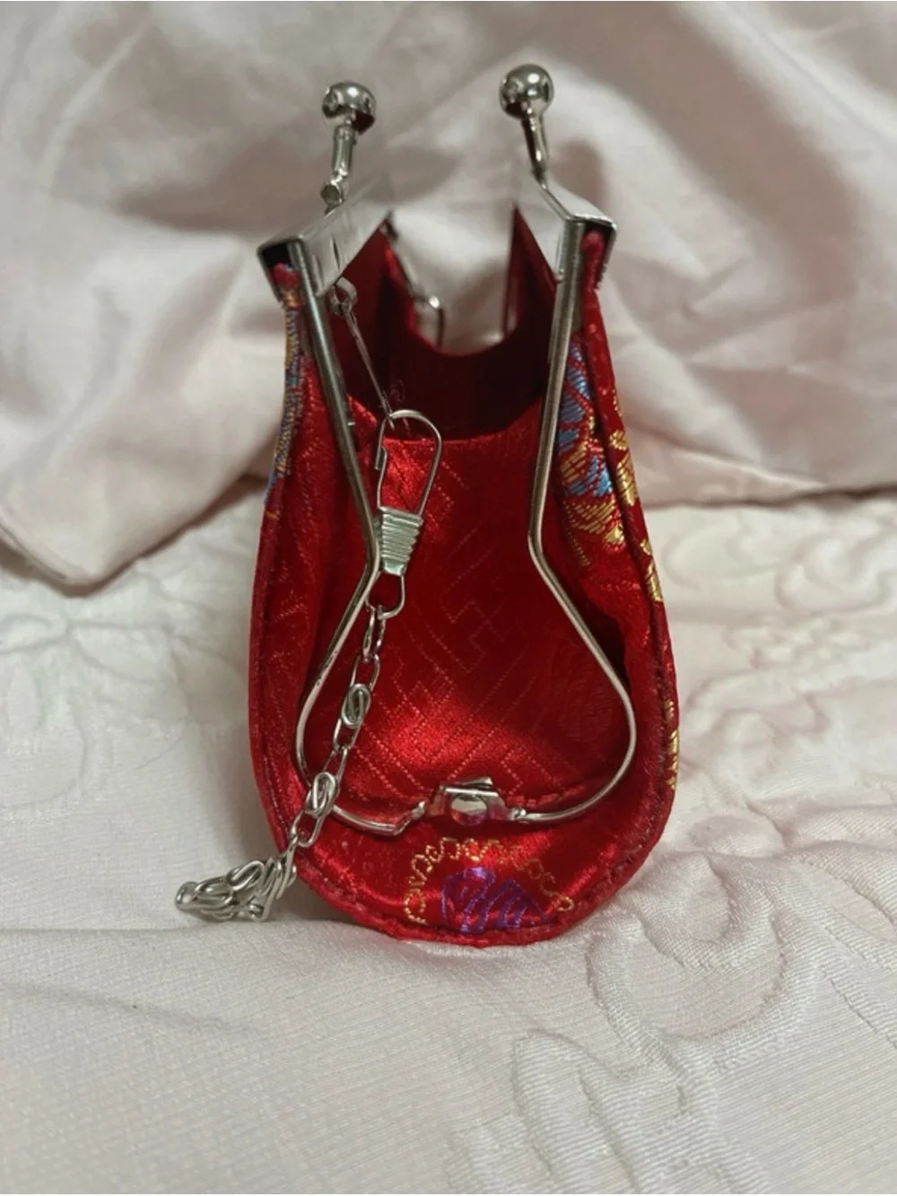 Hand Crafted Red Brocade Floral Clutch with Silver Frame